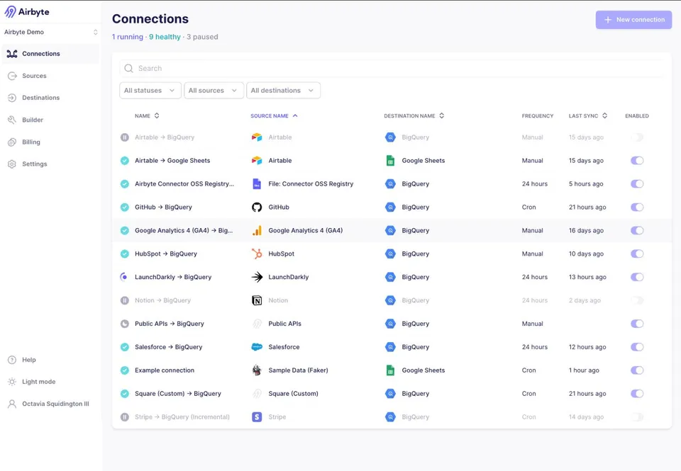 Airbyte: интерфейс Connections со списком источников, получателей и расписаний синхронизации